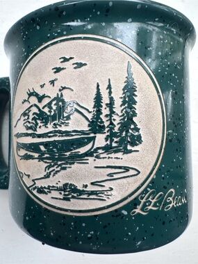 Vintage LL Bean Camping Green Speckled Mug  12oz Retro Canoe Pine Trees Mountain